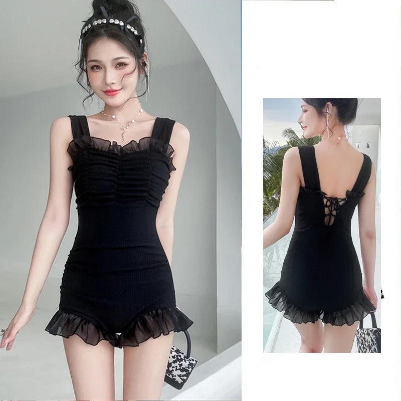 

Korea Style One Piece Swimsuit Women Solid Swimwear Skirt Monokini Push Up Swim Suit Pleated Trikini Bandeau Pad Bathing Suit