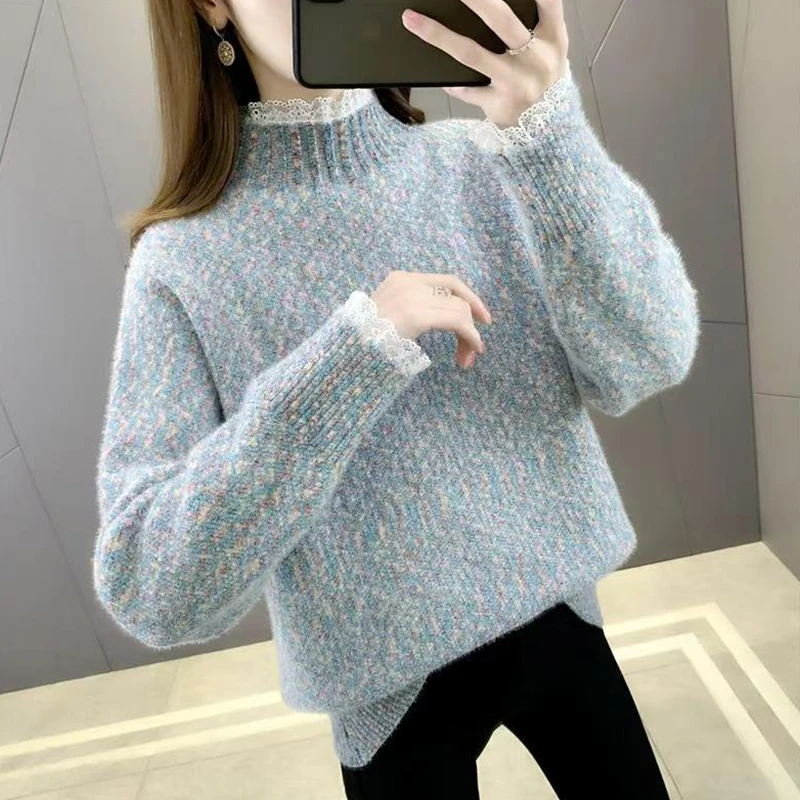 

Autumn Winter Women Sweater Pullover Lace Half High Collar Long Sleeve Splicing Loose Casual Thick Warm Basic Sweater