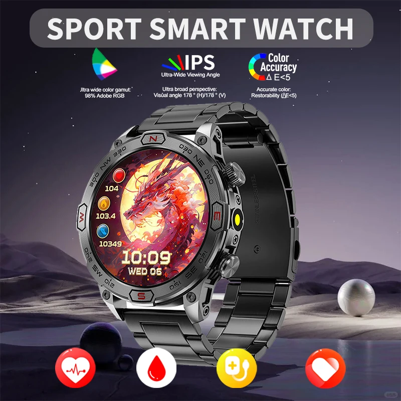 2024 Men's Smart Watch with AMOLED Screen Sport Fitness sleep Tracker Pressure Bluetooth Call Flashlight Compass Call Reminder