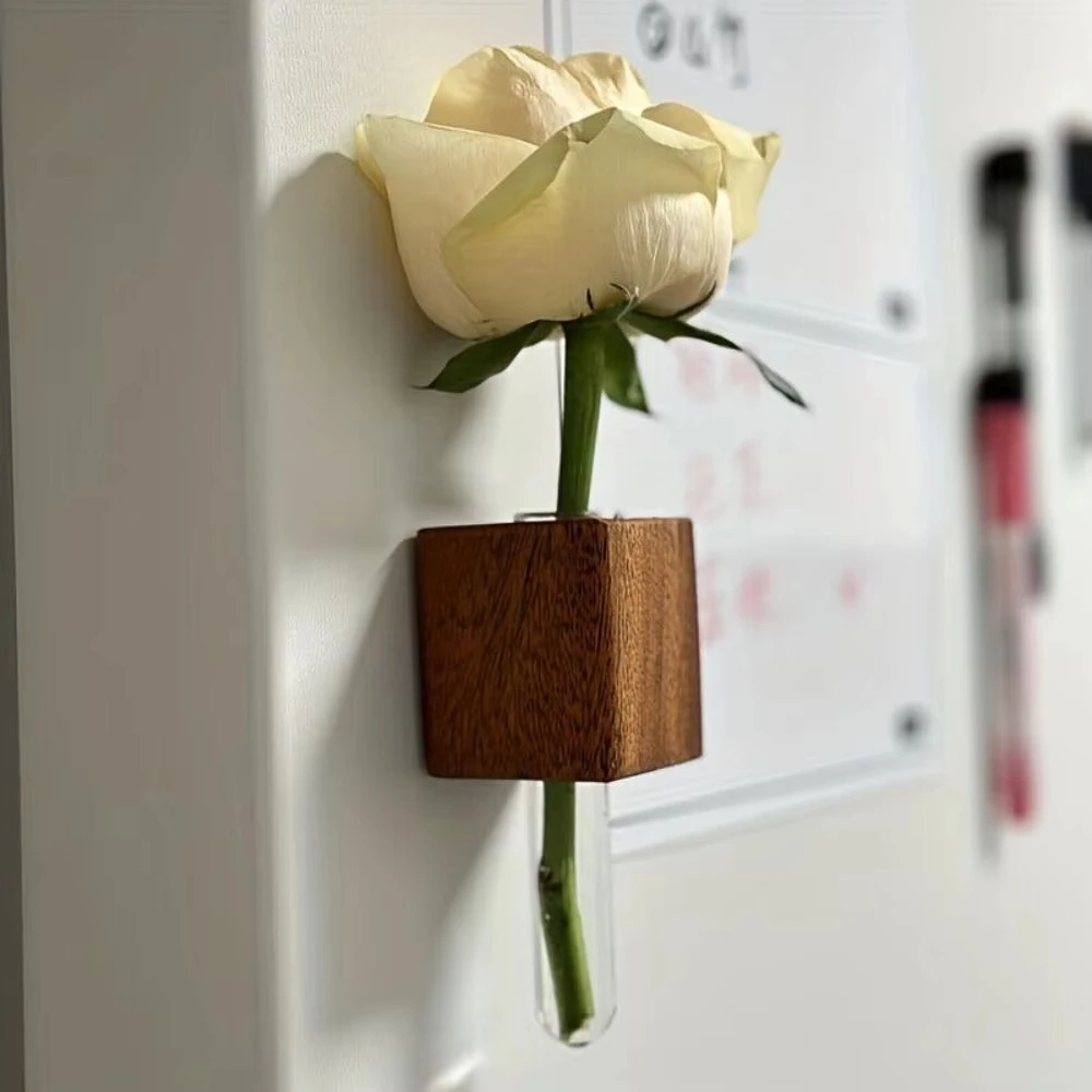 Wooden Test Tube Vase Refrigerator Magnet Hydroponic Plants Propagation Vase Planter Home Kitchen Locker Fridge Decoration