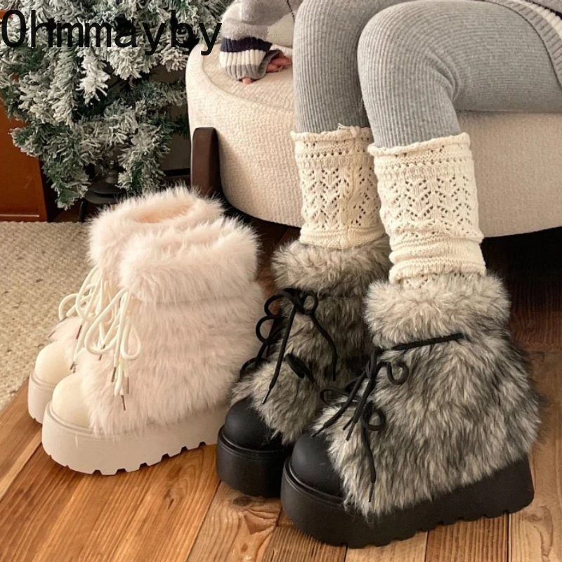 

Winter Platform Fur Lining Women Snow Boots Concise Height Increase Slip On Shoes Female Cotton Short Booties Zapatos De Muje
