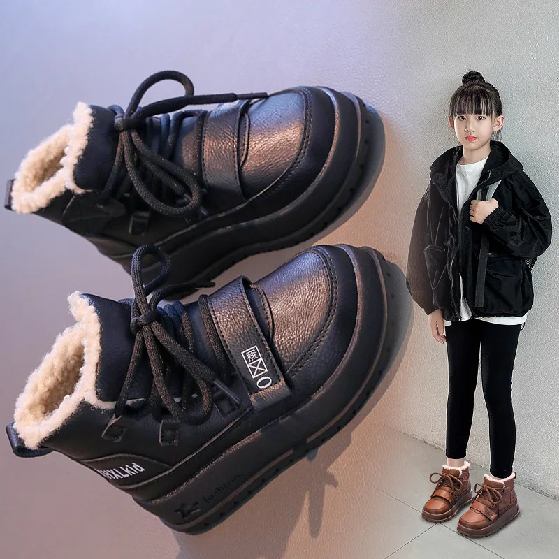 الفتيات الأحذية القطنية الشتاء نمط جديد الفتيان الرجعية الصوف أحذية الأطفال لينة سوليد المضادة للانزلاق الأطفال صوف الضأن حذاء من الجلد #3