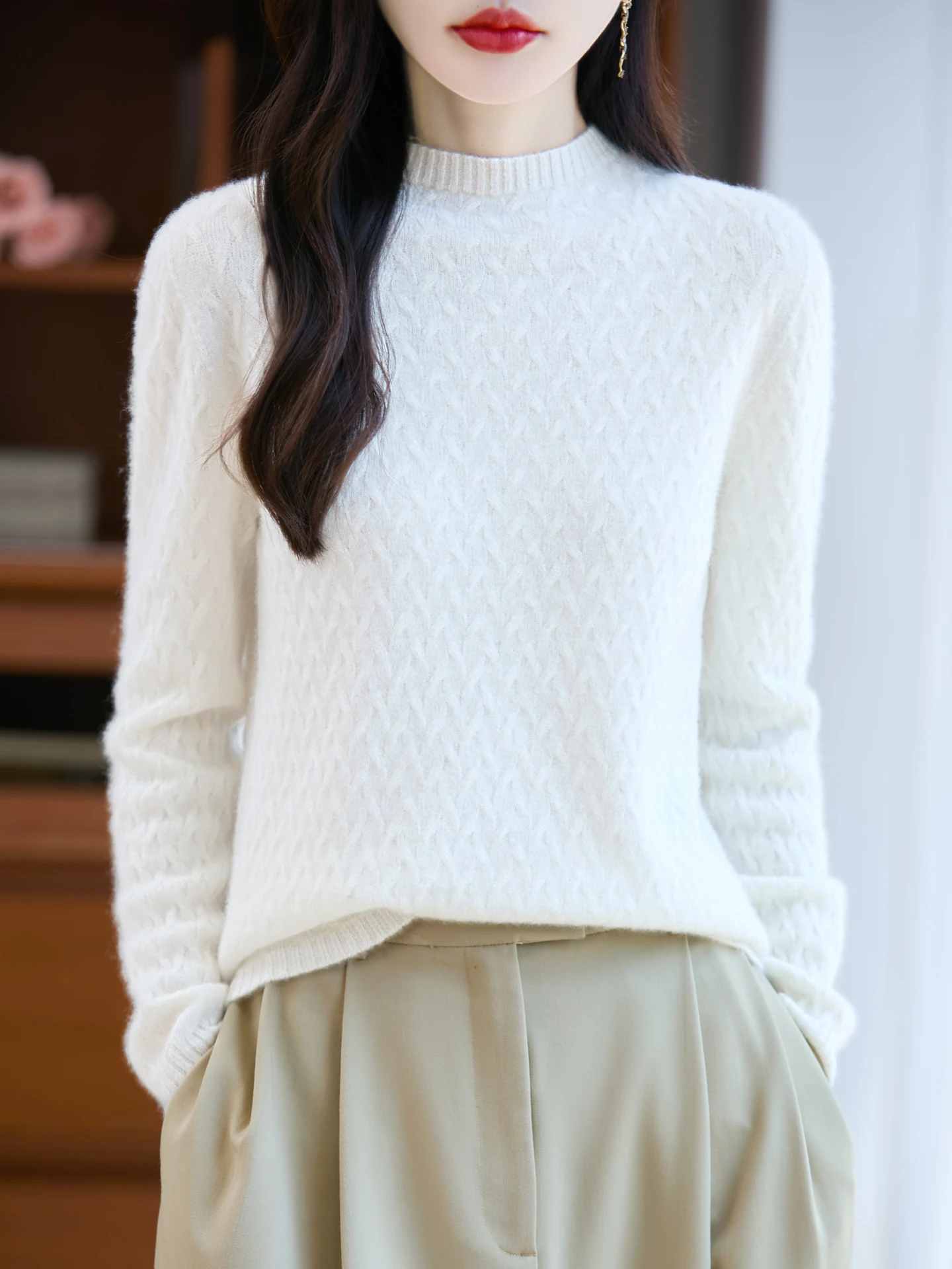 

High-end 100% Pure Wool Pullover Sweater Women's New O-neck Soild Cable Cashmere Knitwear Loose Coat Autumn Winter Thick Warm