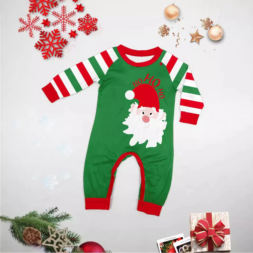 Christmas Family Pajama Set From Europe And America, Red Green HO Printed Santa Claus Striped Home Pajamas