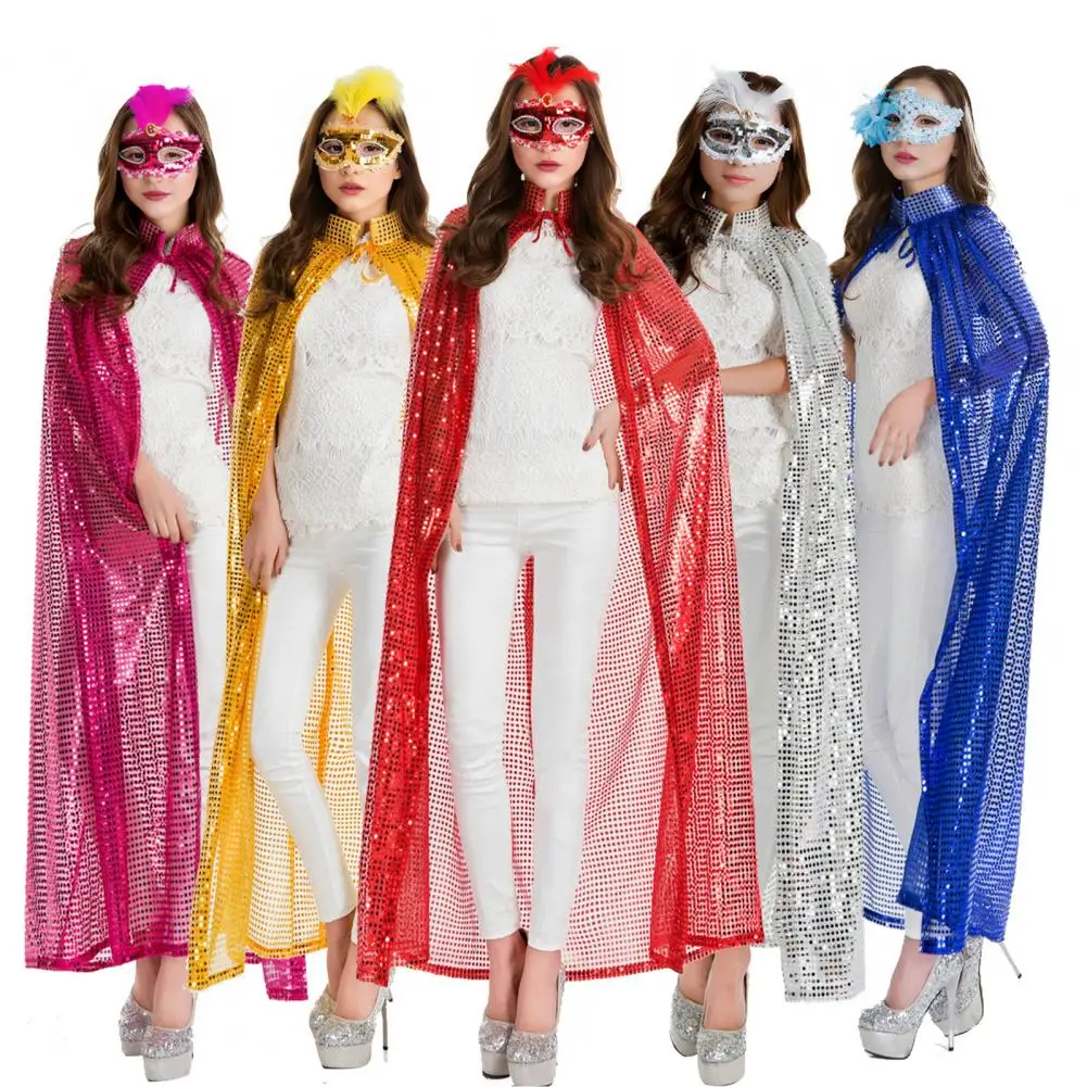 Adult Long Paillette Cape for Women Halloween Party Sequin Cloak Costume Full Length Witch Cosplay Robe for Role-Playing Stage P