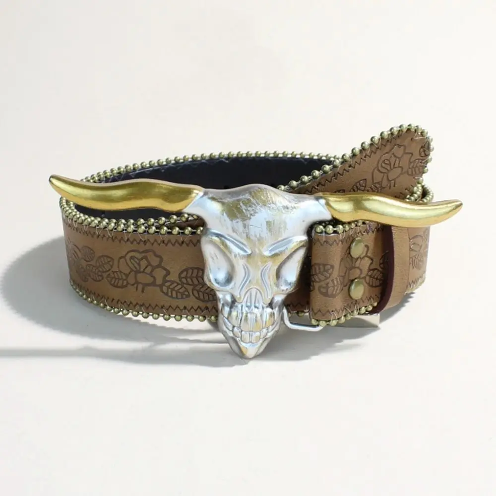 Western Bull Skull Buckle Leather Belt Luxury Design 3.8cm Wide Cowboy Waist Belt Trendy Brand Rivet Embossed Belt for Men Women