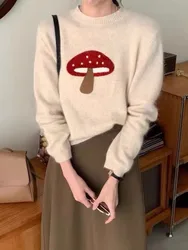 Little Mushroom Pullovers Women Embroidery Round-neck Elegant Soft All-match Korean Feminino Harajuku Long Sleeve Sweater