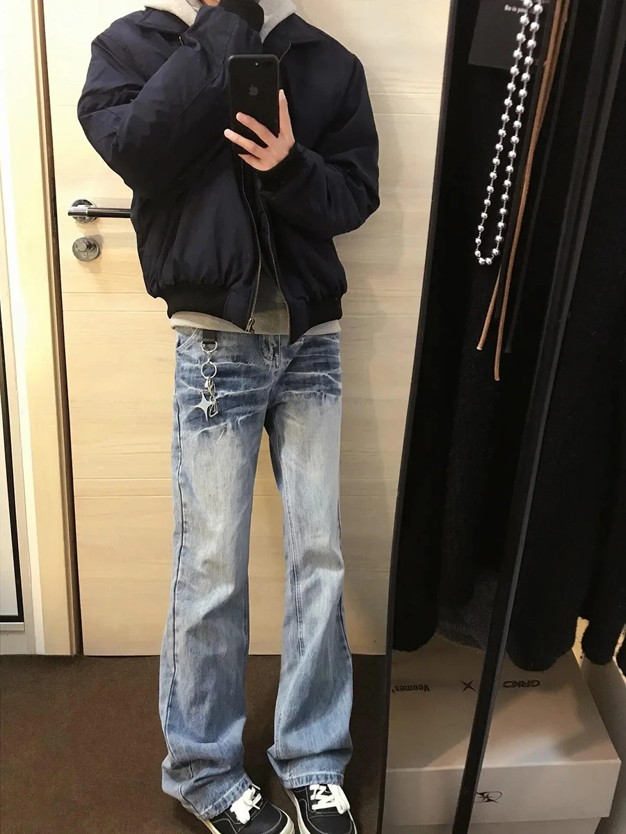 

Мужские джинсы с синим узором в виде молнии, весенне-осенние, прямого кроя, с эффектом потертости, Cleanfit Cool Sle High Street Fashion