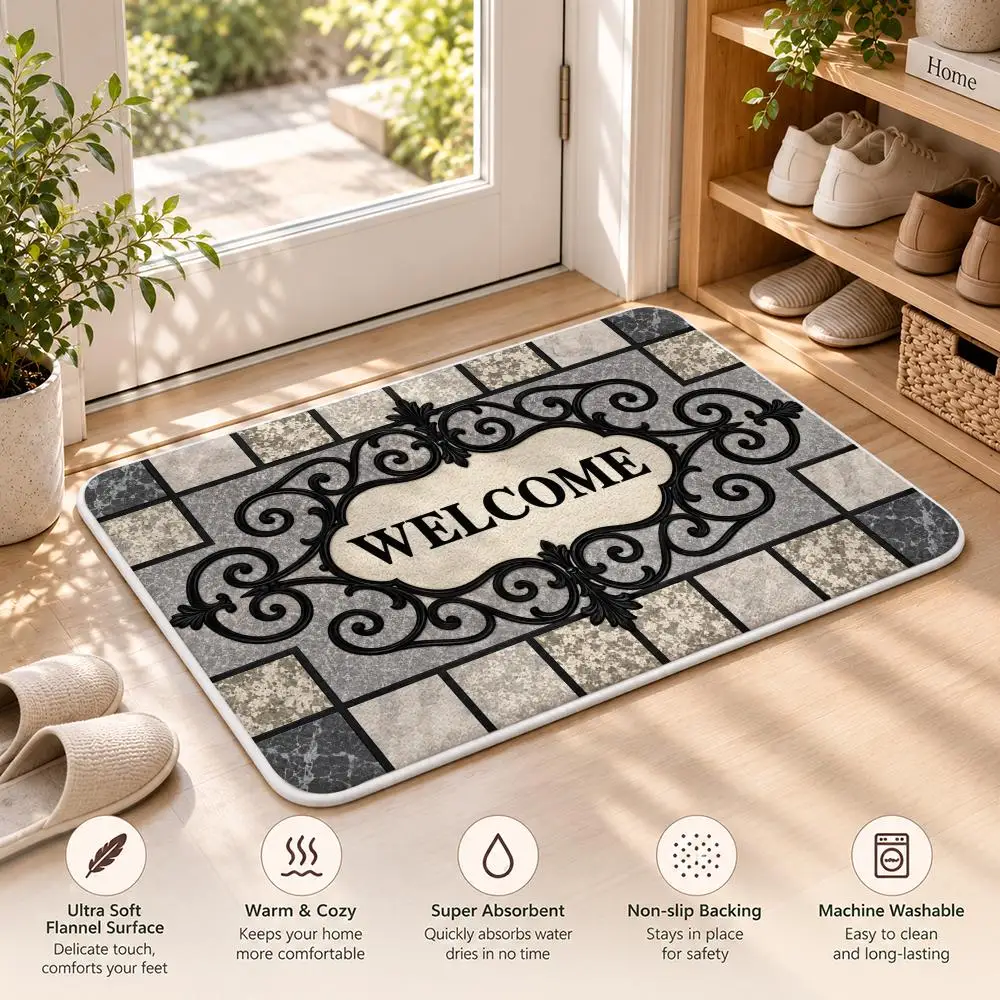 Ornate Tile Welcome Floor Mat Soft Flannel Floor Mat Cloud Feel Non-slip Bath Rug Machine Washable Foam Carpet Door Mat 4