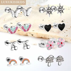LUXUKISSKIDS Stud Earrings Girls 316L Stainless Steel Silver Color Tiny Piercing Korean Fashion Heart Rhinestone Bijoux Women