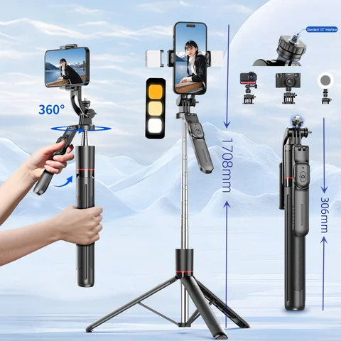 MEUYAG 셀카봉 삼각대, 1708mm 길이의 모노포드 필 라이트, 블루투스 리모콘, 360 ° 회전, 1/4 인터페이스, 휴대폰용