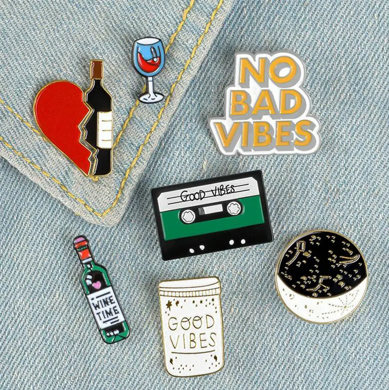 Enamel Pins GOOD VIBE Wine Music Badges Custom Brooches Bag Clothes Lapel Black Jewelry Gift for Lovers Moon Night Dating