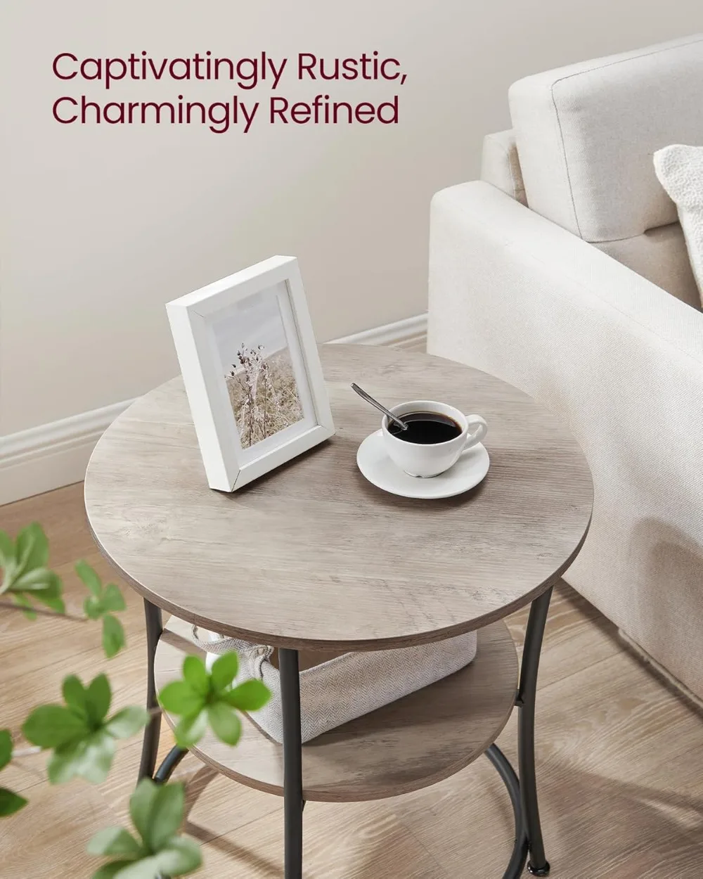 スチールフレーム付き2段ラウンドエンドテーブル、狭いスペース用の調節可能な脚、リビングルームとベッドルーム用、ヘザーグレーとインクブラック