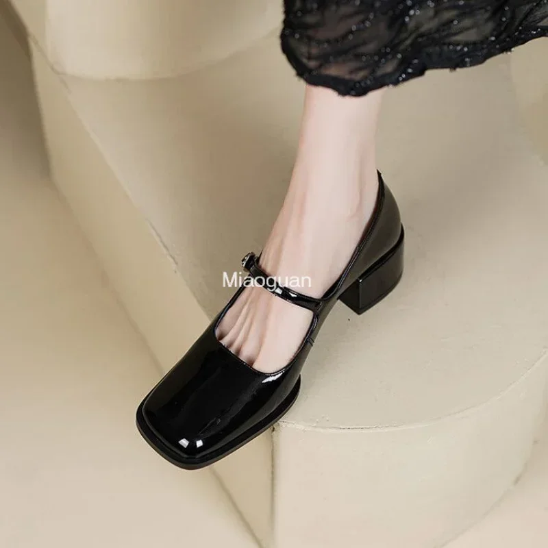 Mary Jane Shoes 2024 New Woman Spring Summer Block Heels for Women Square Toe Elegant Medium Heel Korean Gold Silver Formal Shoe