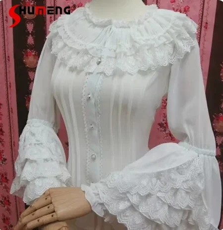 

Retro Lolita Blouse Female Long Flare Sleeve Lace Ruffles Top Women's Autumn Slim-Fit Elegance Plus Size Chiffon White Shirts