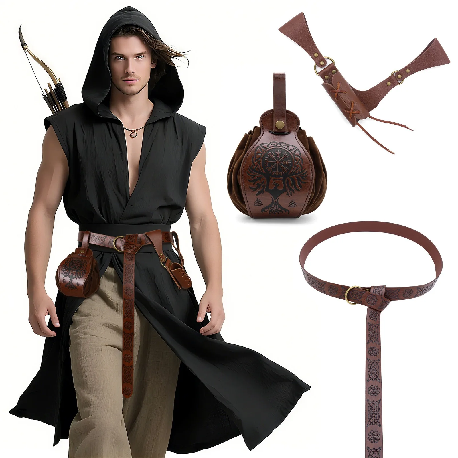 

Medieval Shield Shaped Scabbard Viking Warrior Embossed Belt Waist Swordcase Set Knight Halloween Cosplay Costume Props