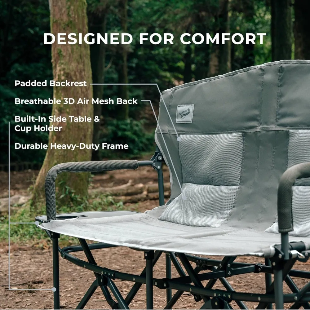 Oversized Double Portable Folding Director’s Loveseat Chair with Padded Backrest, Side Table | Outdoor Sports, Camping Chair