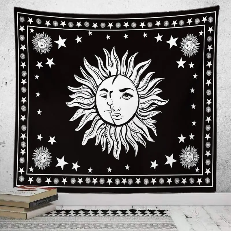 VIKAMA Black White Sun Moon Face Star Tapestry, Tarot Astrology Wall Hanging for Bedroom Living Room Dorm Decor