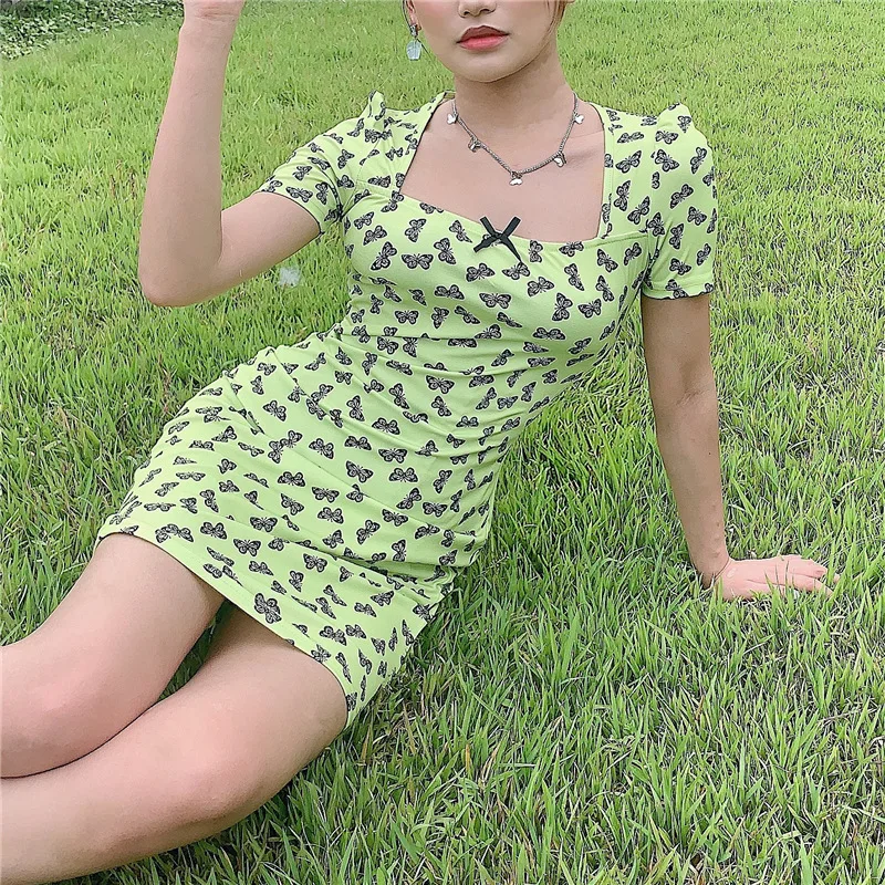 Summer Cute Sweet Butterfly Print Dress Bandage Bodycon Women Square Collar Short Sleeve Strawberry Dresses Cottagecore Clothing