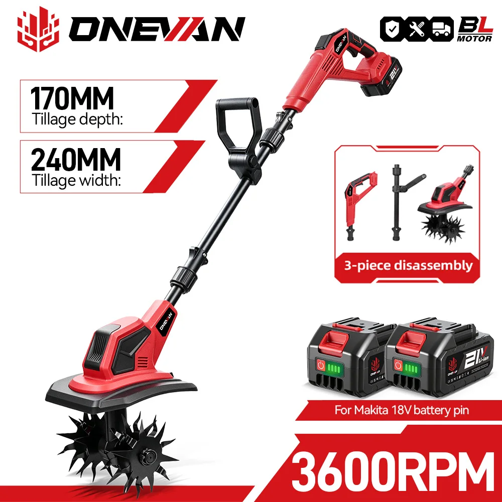 ONEVAN 36000RPM Bürstenloser Elektro-Gartenfräser Rasenmäher Bodenfräse für Bodenbearbeitung Kompatibel mit Makita 18V Akku