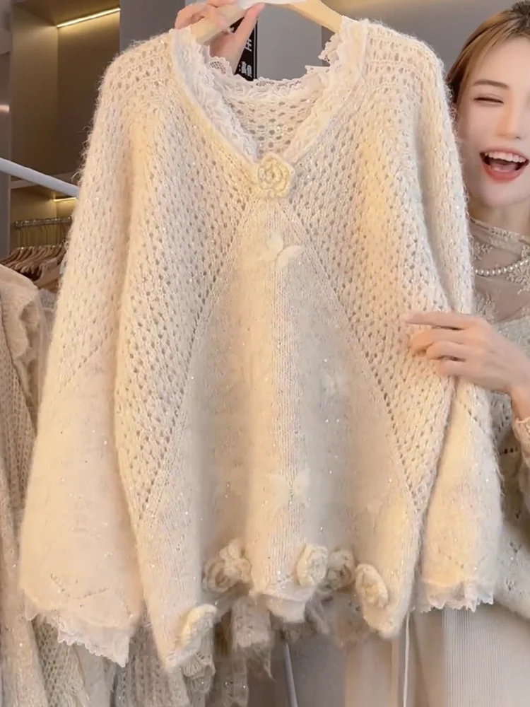 

Модный молодежный свитер с 3D-цветами и кружевом, большие размеры, осень 2025, новинка, шерстяной, с длинным рукавом, круглый вырез