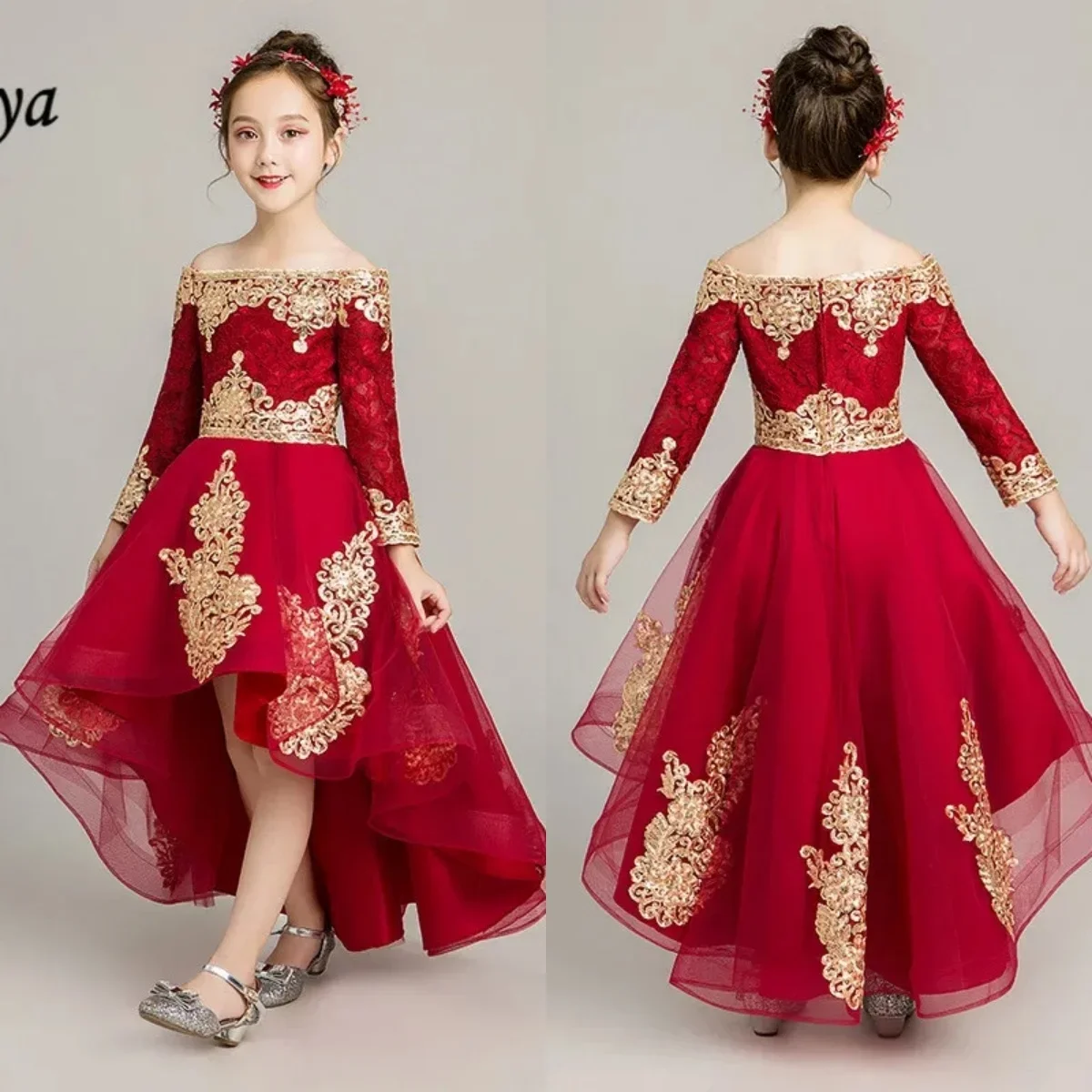 Fiori ragazze abiti pizzo bordeaux Appliques dorate scollo a barca cerniera posteriore maniche lunghe alta/bassa personalizzazione ragazza Ball Gown