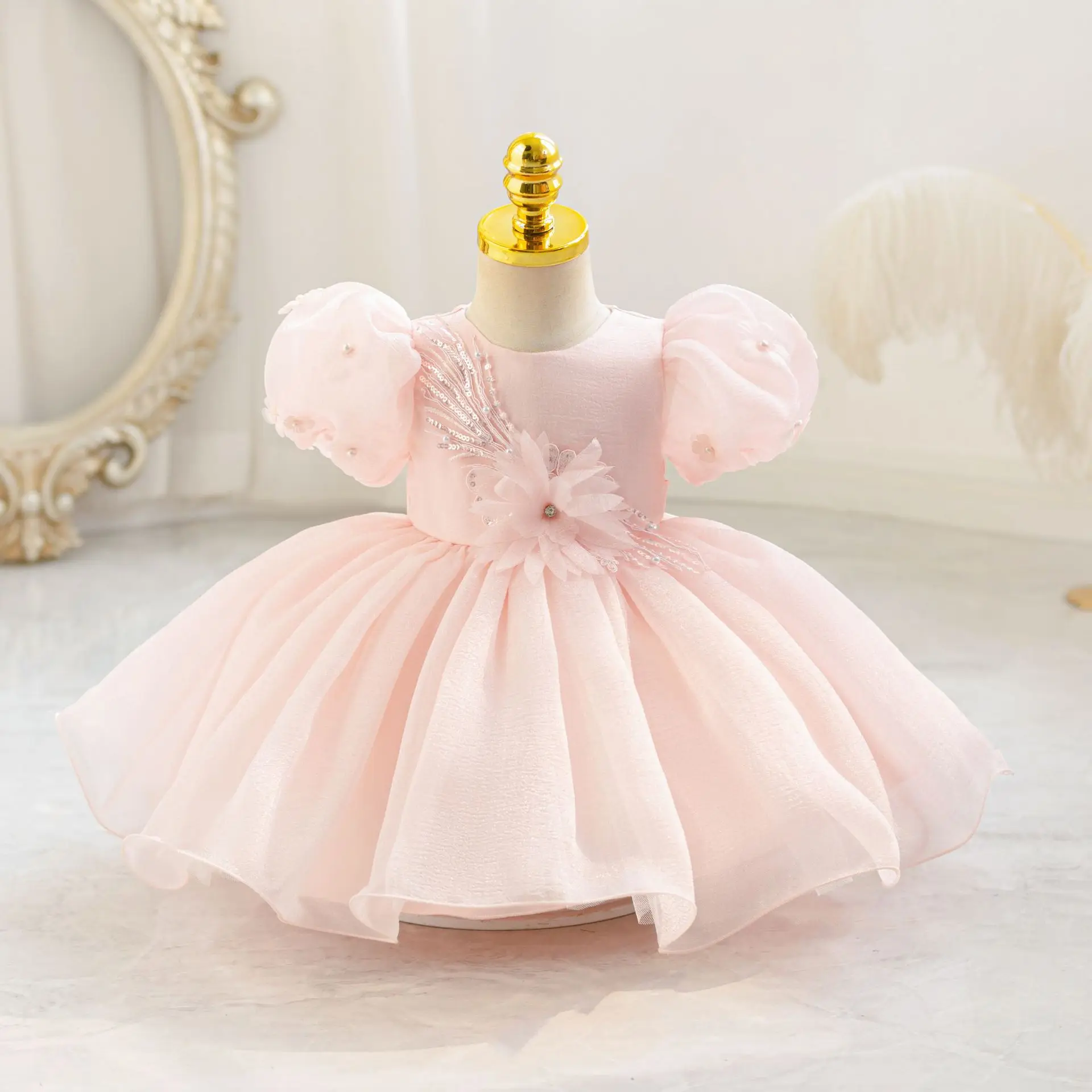 Summer Pearls Bow Baby Girl Dress Pink First Birthday Princess Wedding Kids Party Dresses Tutu Girl Bridesmaids Evening Gown
