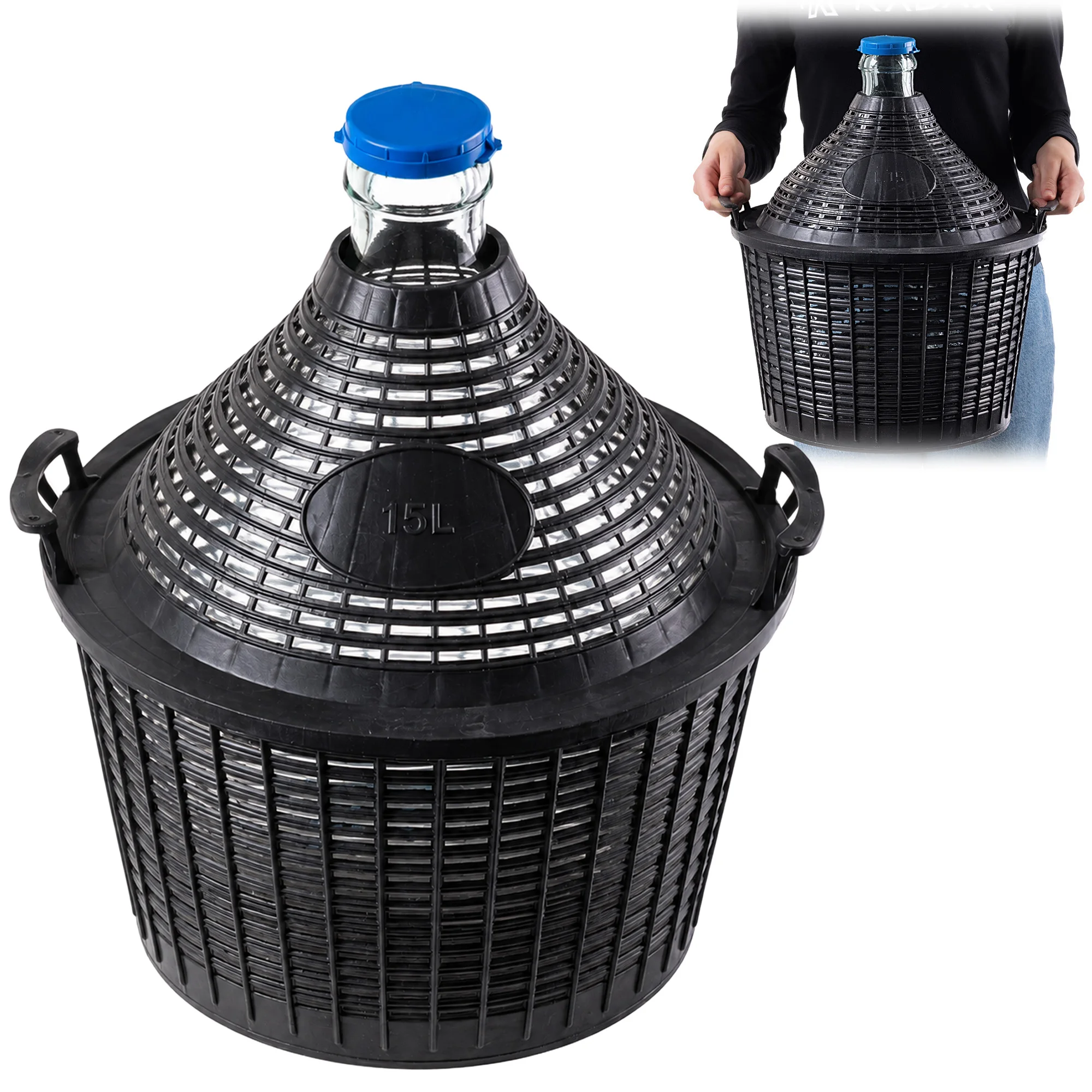 Kadax Balon Butla Gąsior per Vino in Cesto con Tappo 15 L