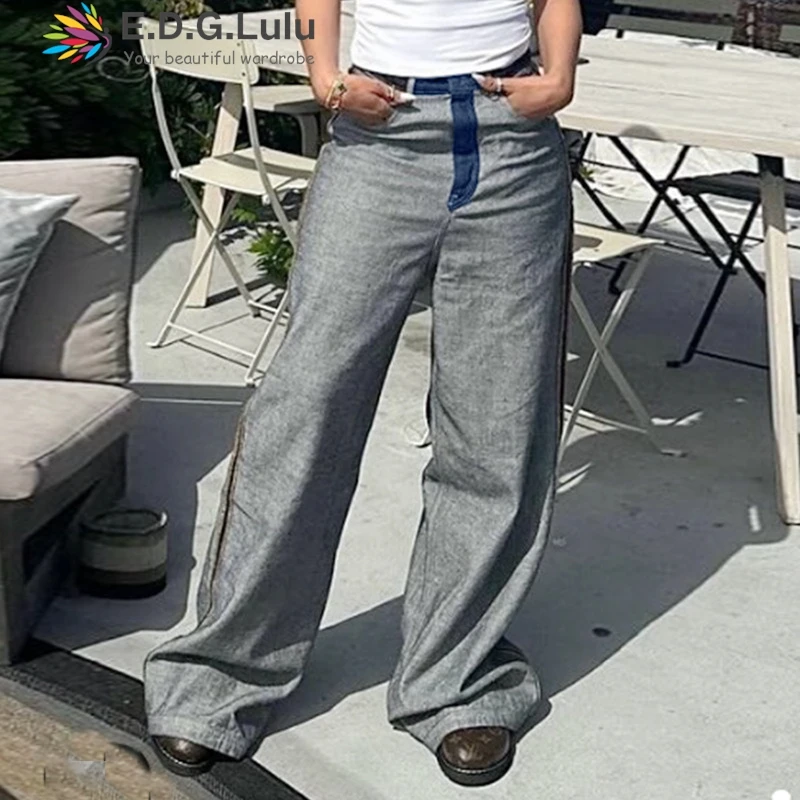 

EDGLuLu 2025 New Fashion Design Contrast Color Wide Leg jeans Pants leisure streets loose patchwork Straight leg jeans 0609