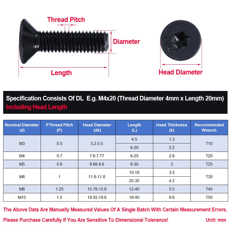 GB2673 10.9 High Strength Black Alloy Torx Countersunk Anti Theft Security Flat Head Machine Screws M3 M4 M5 M6 M8 M10 Fasteners