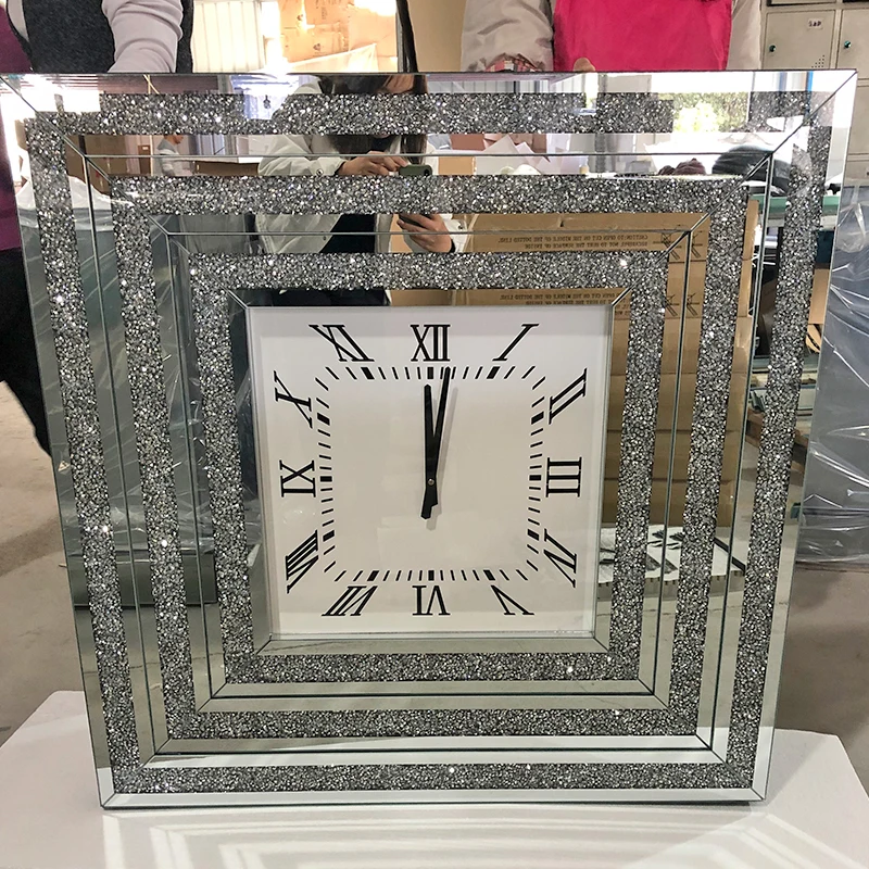 Hot Sale Mirrored Clock WXMC-078 Crushed Diamond Silver Wall Decor Elegant square Clock