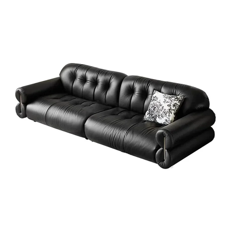 French retro, leather sofa big black cow, medieval black first layer cowhide, straight row American sofa, three-person sofa