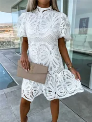 Elegant Stand Collar Puff Sleeve Solid Color Dresses For Women Sexy Lace Hook Flower Hollow Short Dress Summer New Casual Dress
