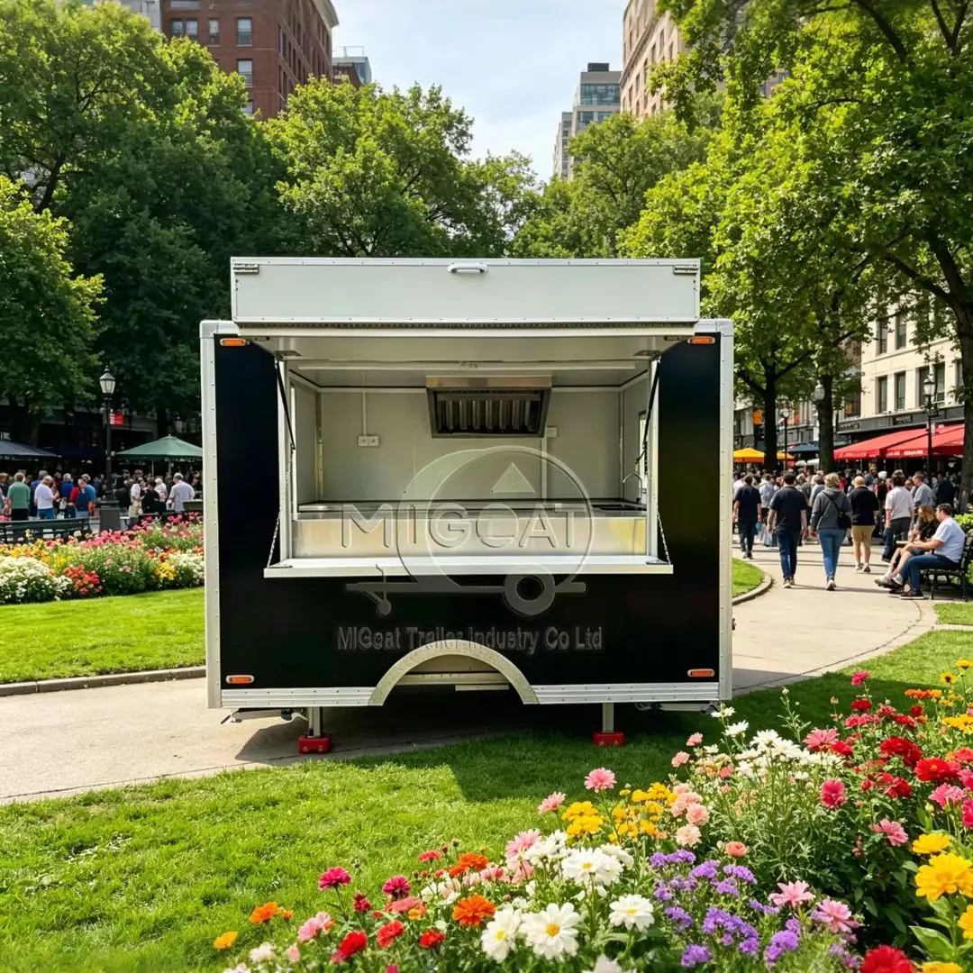 

Small Black Mobile Food Trailer Commercial Dual Service Windows Food Cart for Fast Food Street Vending