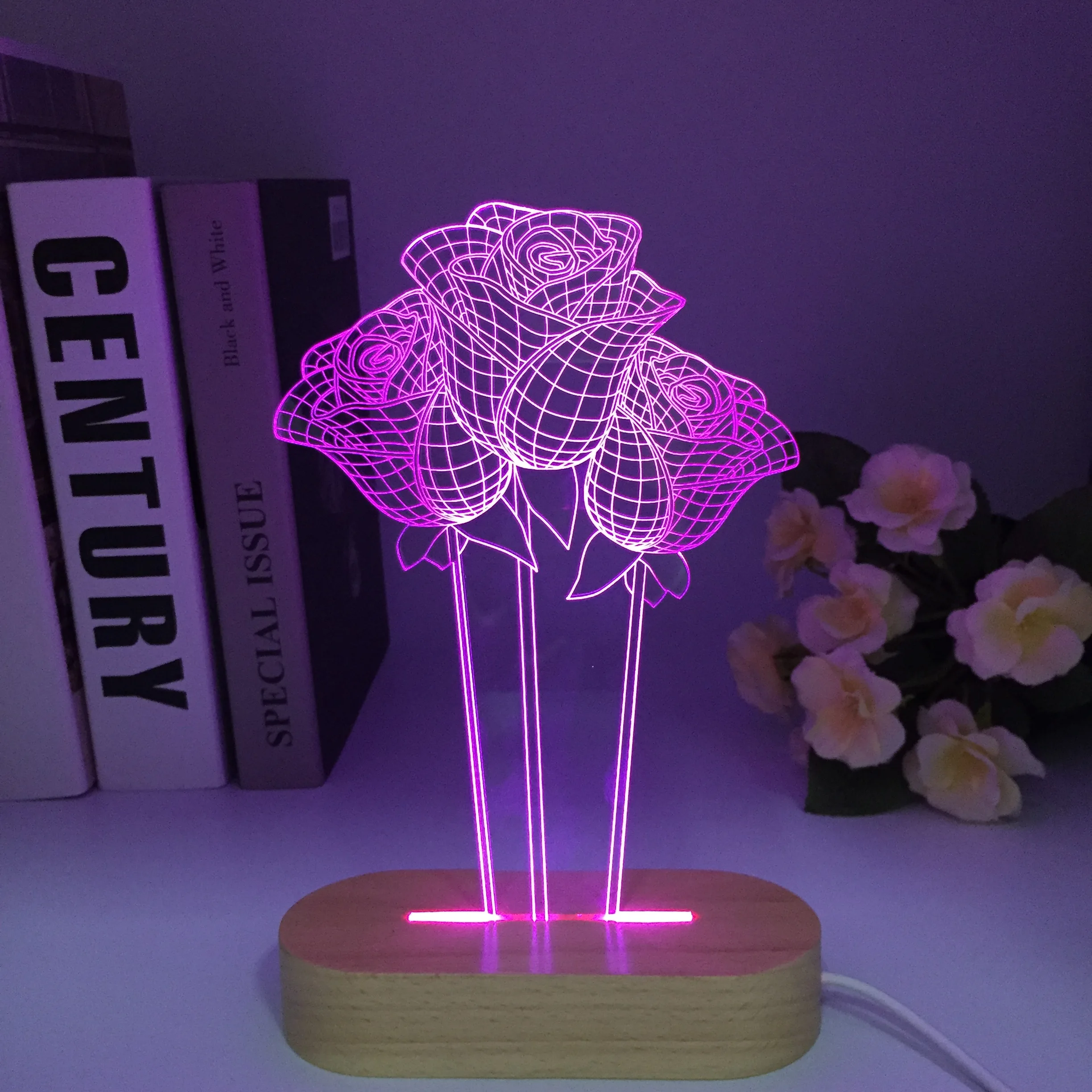 Wooden Loving Heart With Rose Personalize Name 3D Effect Optical Illusion Table Lamp Custom Name LED Night Light Gift For Her