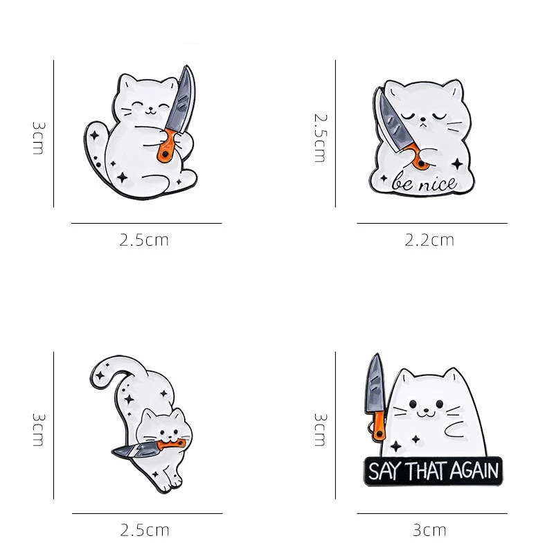 4pcs Cute Cartoon White Cat Small Knife Dagger Enamel Brooch Creative Animal Lapel Pin Badge Backpack Clothing Hat Accessories