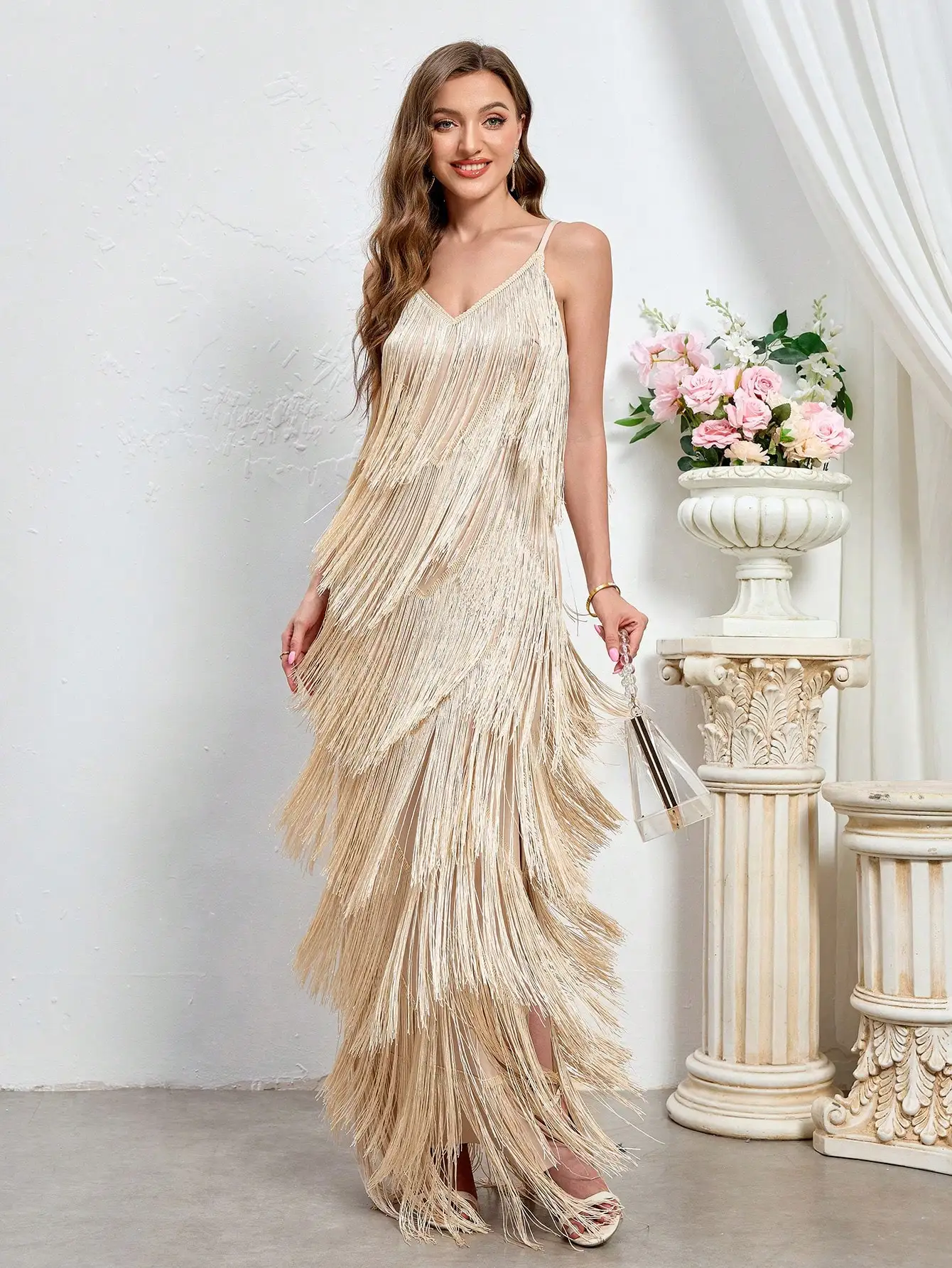 Women's V Neck Spaghetti Strap Fringe Maxi Dress for Evening Party Wedding Guest