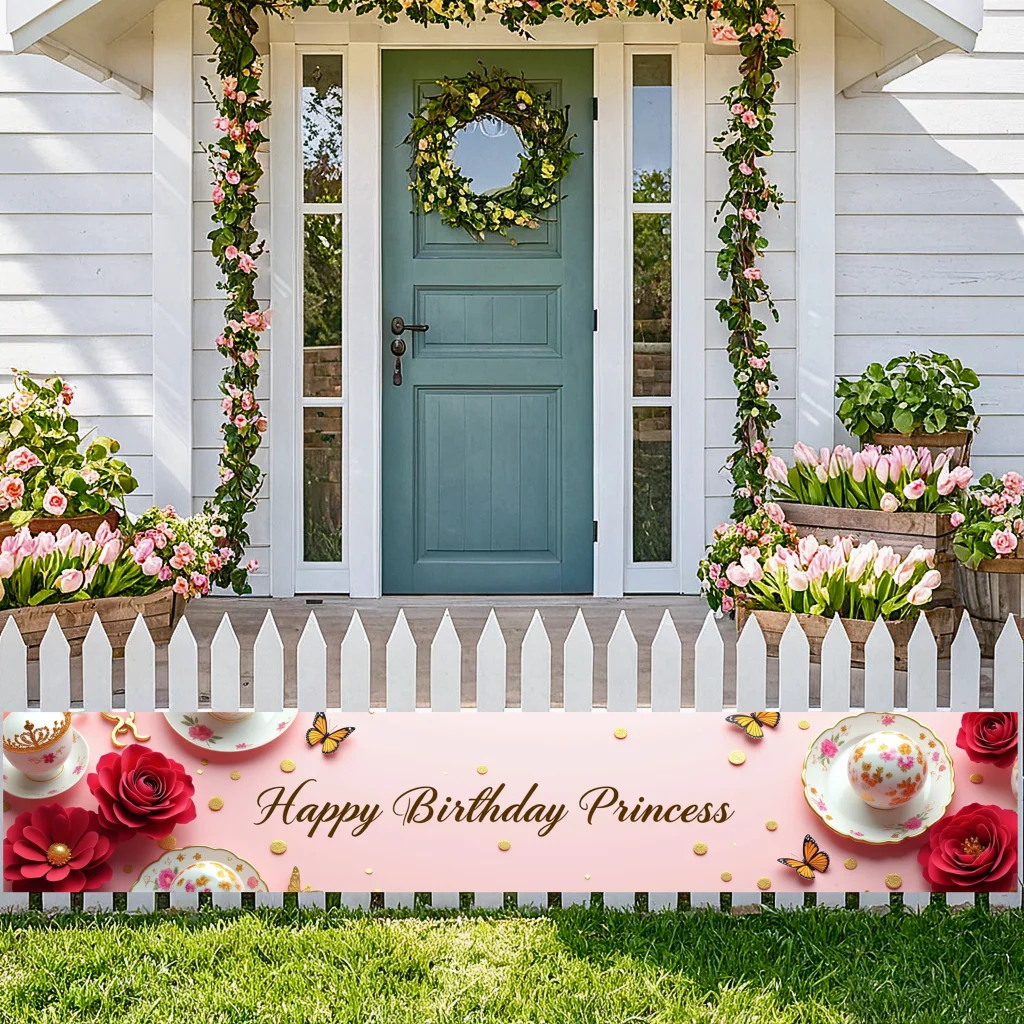 Kişiselleştirilebilir Prenses Doğum Günü Banner: İç Mekan/Dış Mekan Bahçe ve Çay Partisi Kutlamaları için İdeal Dekoratif Zemin