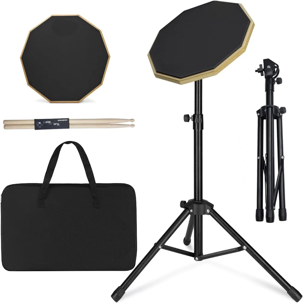 Leises Schlagzeug-Übungspad-Set, 12-Zoll-Doppelseitige Pads, Verstellbarer Ständer, Trommelstöcke, Tragetasche, Schwarz, für Schlagzeuger und Anfänger