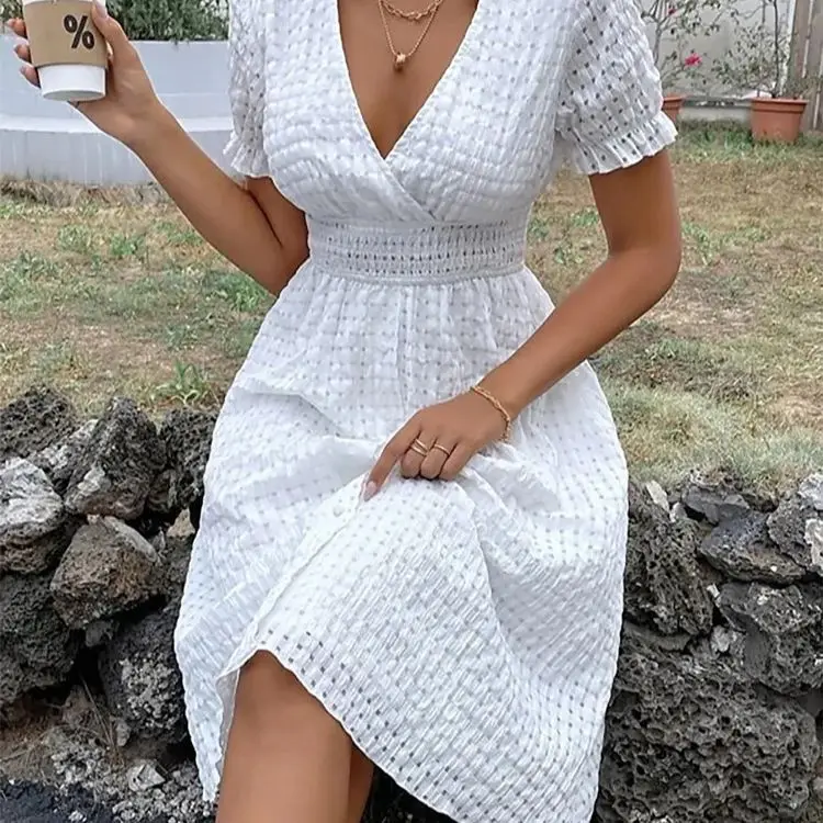 

Summer Dresses Women 2023 Elegant Fashion Versatile Casual Short Sleeve Deep V-neck Pullover White Dress Summer New 2023 Clothes