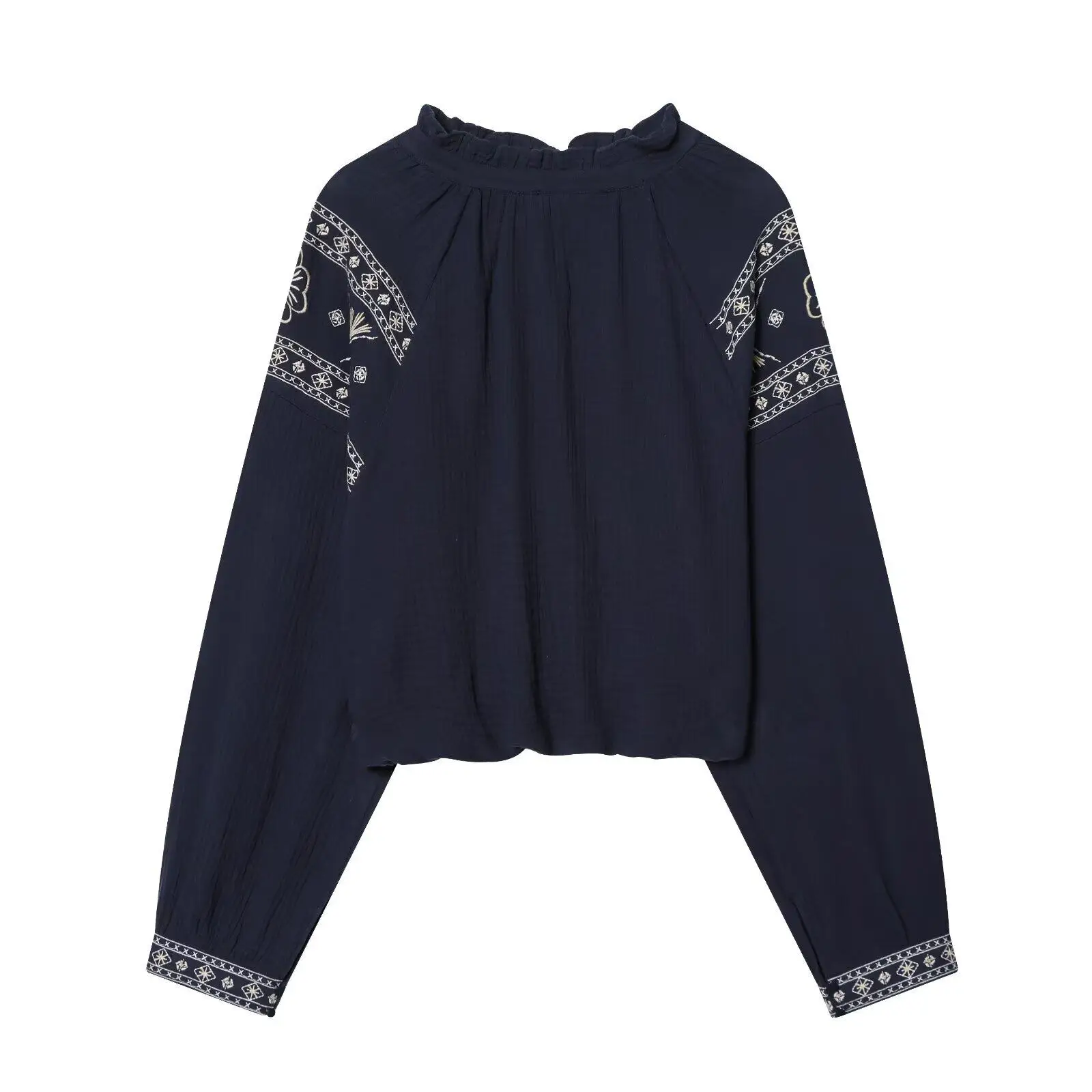 

Blue Embroidery Women' Shirt 2026 Spring New American Style Long Sleeve Puffy Shirts Simple Versatile O-neck Breathable Pullover