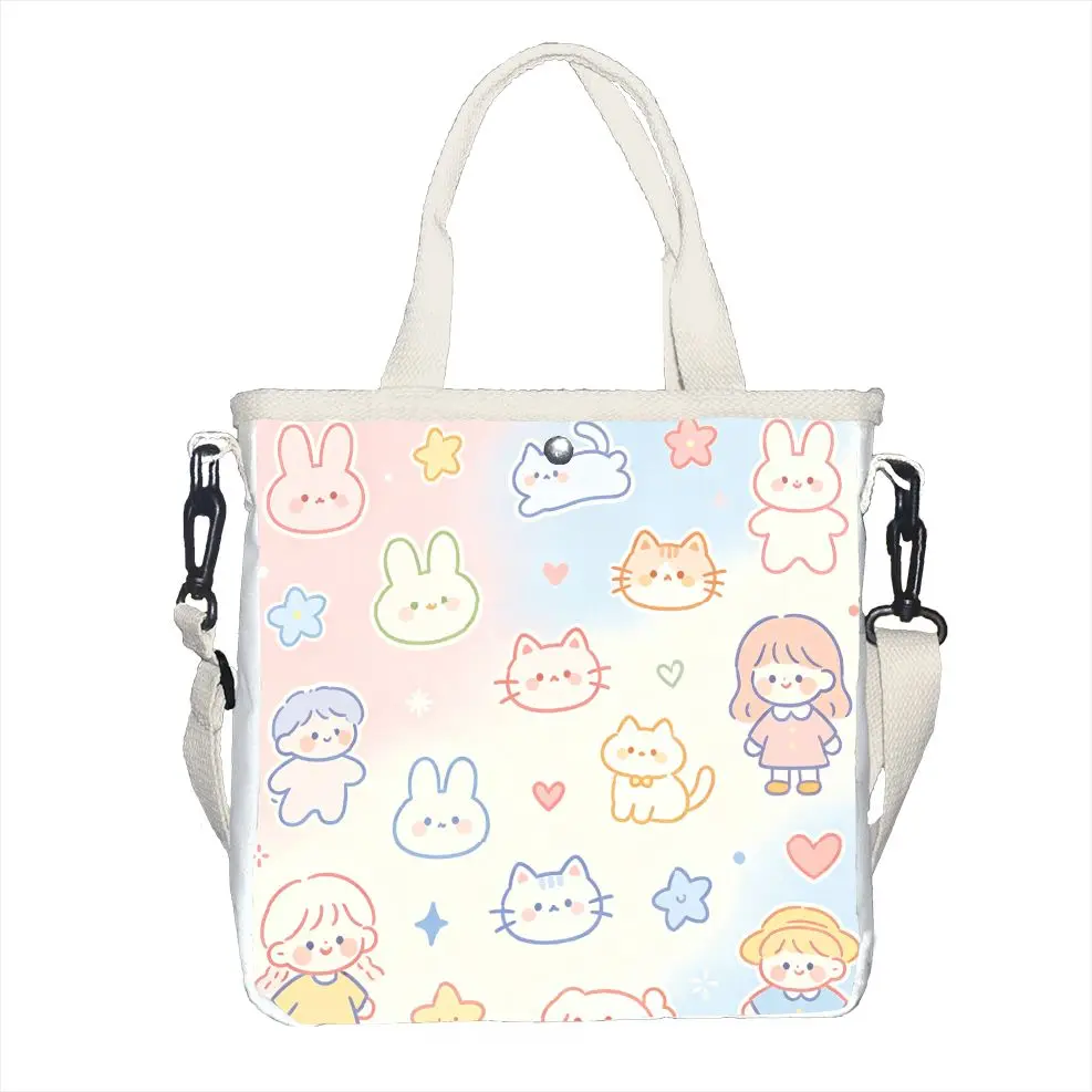 Cute Kawaii Bunny Cat Print Tote Bag, Adjustable Strap Pastel Gradient Shoulder Bag