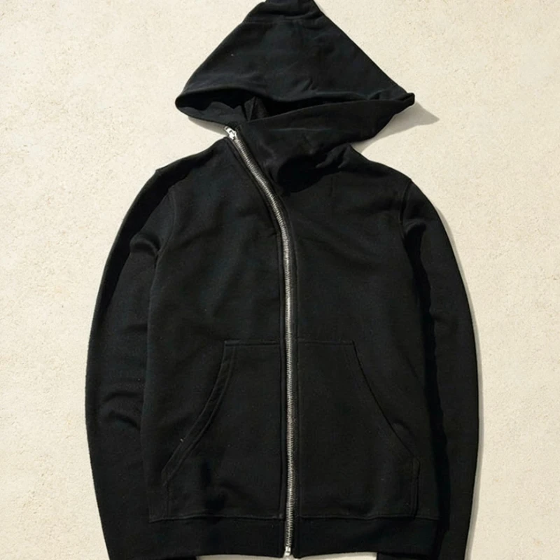 Y2K Autumn Asymmetrical Zip Up Hoodie Women Solid Black Loose Fit Oversized Front Pockets Chic Casual Daily Wear Sweatshirt