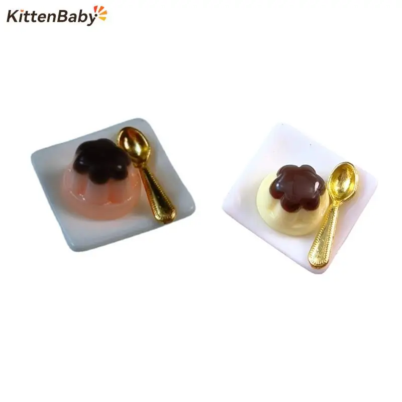 1 Set 1:12 Dollhouse Miniature Fruits Pudding With Spoon Simulation Food Model Toys for Mini Decoration Dollhouse Accessories