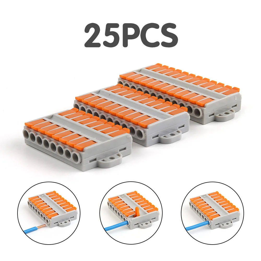 

25PCS Quick Universal Compact Wire Connector Push-in Lever Terminal Block Docking 8/10/12 Ports Cable Splitter With Fixing Holes