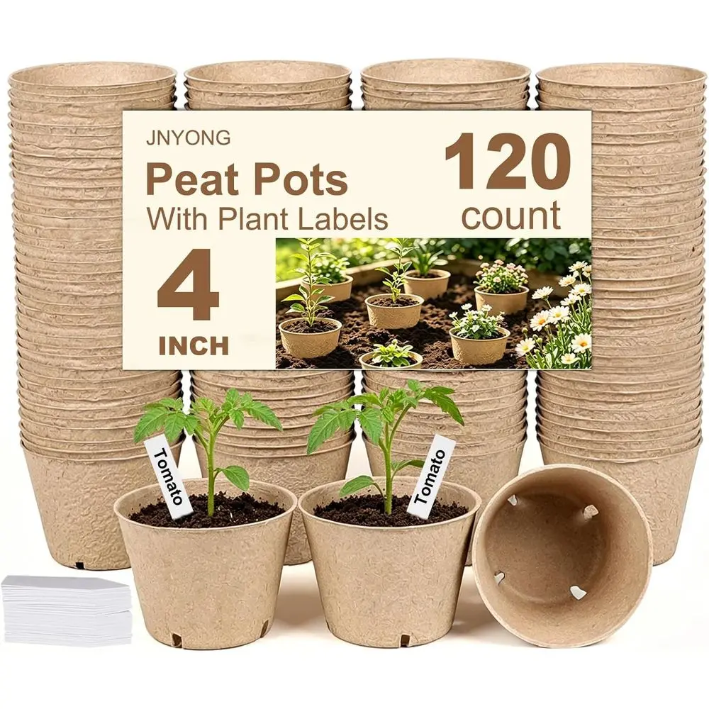 120 Biodegradable 4 Inch Pots with Drainage Holes and 100 Plant Labels for Garden Germination