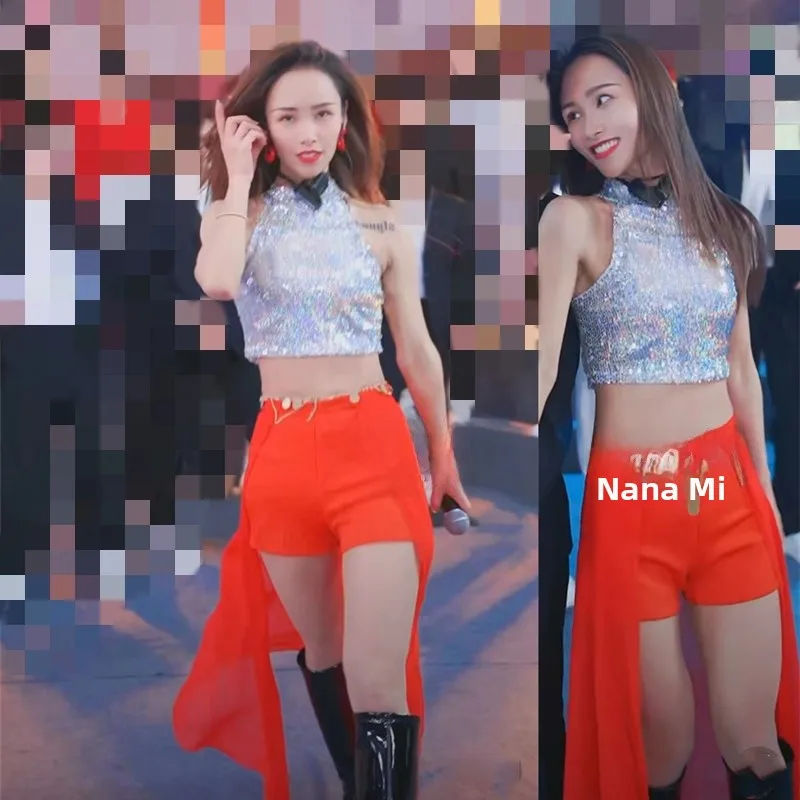 Bar Nightclub Female Broadcast Singer Slim Short Top Laser Illusion Color Sequin Hanging Neck Performance Vest Stage Costume