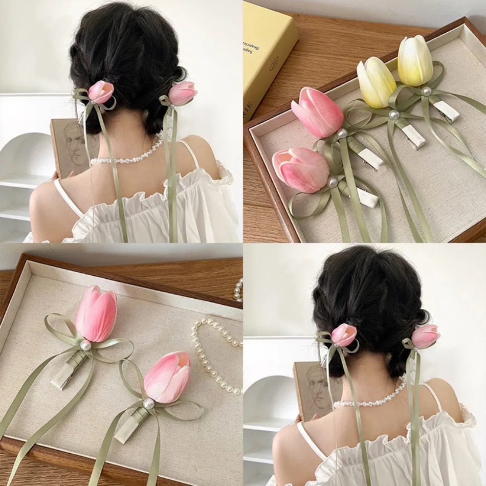

2Pcs/lot Tulip Flower Hair Clip Female Side Bangs Clip Bow Tie Ribbon Double Ponytail Hairpins New Hair Accessory For Girls SY08