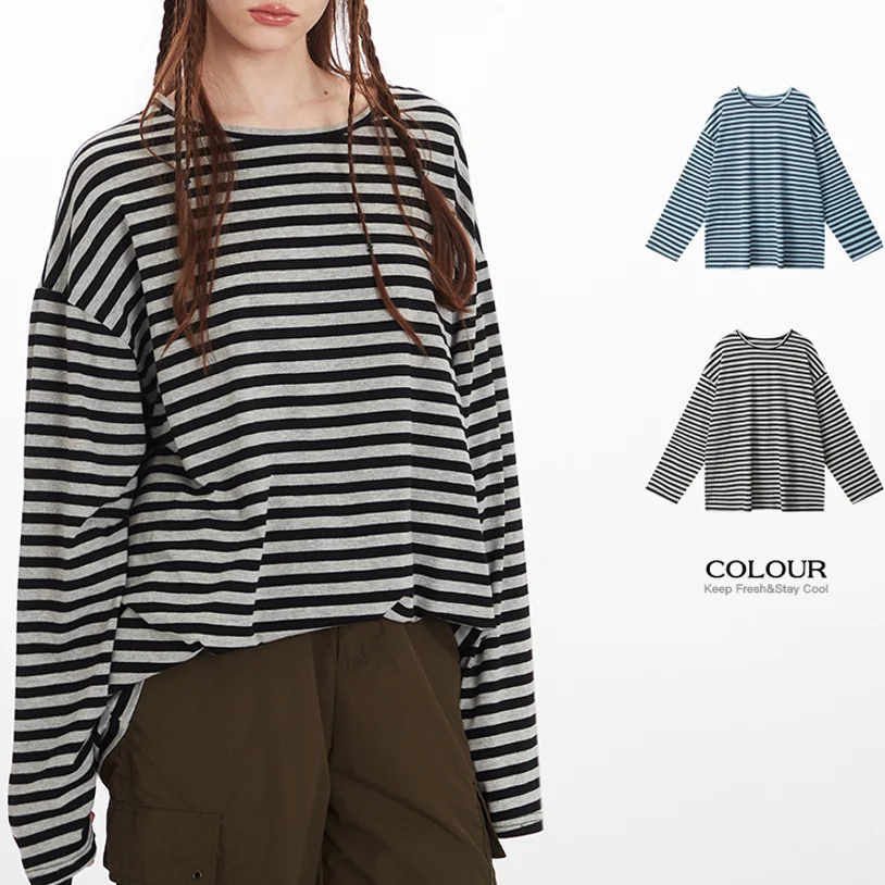 

Yapher Women's Japanese Style Striped Long Sleeve T-shirt Loose Fit Crew Neck Tee Breathable Casual Top for Commuter & Weekend