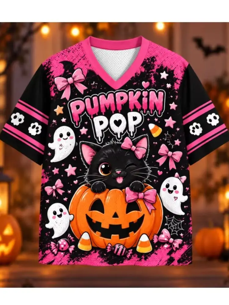 Halloween-Kürbis-Pop-Mesh-Trikot, süßes, schwarzes Katzen-Geister-Schleifen-Süßigkeiten-T-Shirt mit V-Ausschnitt und kurzen Ärmeln, süßes, gruseliges, übergroßes Party-Streetwear – Detail 4